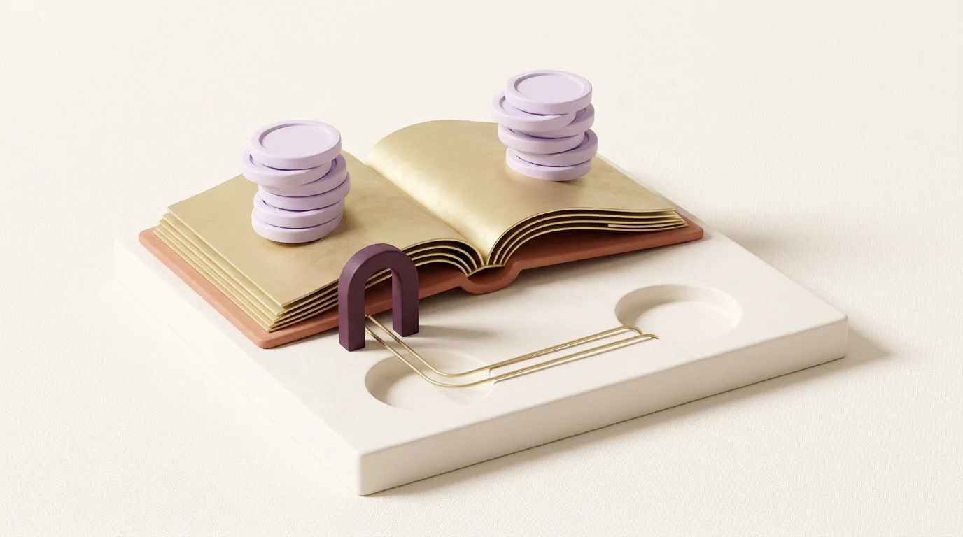 An open book supports two account groups beside a curved review path