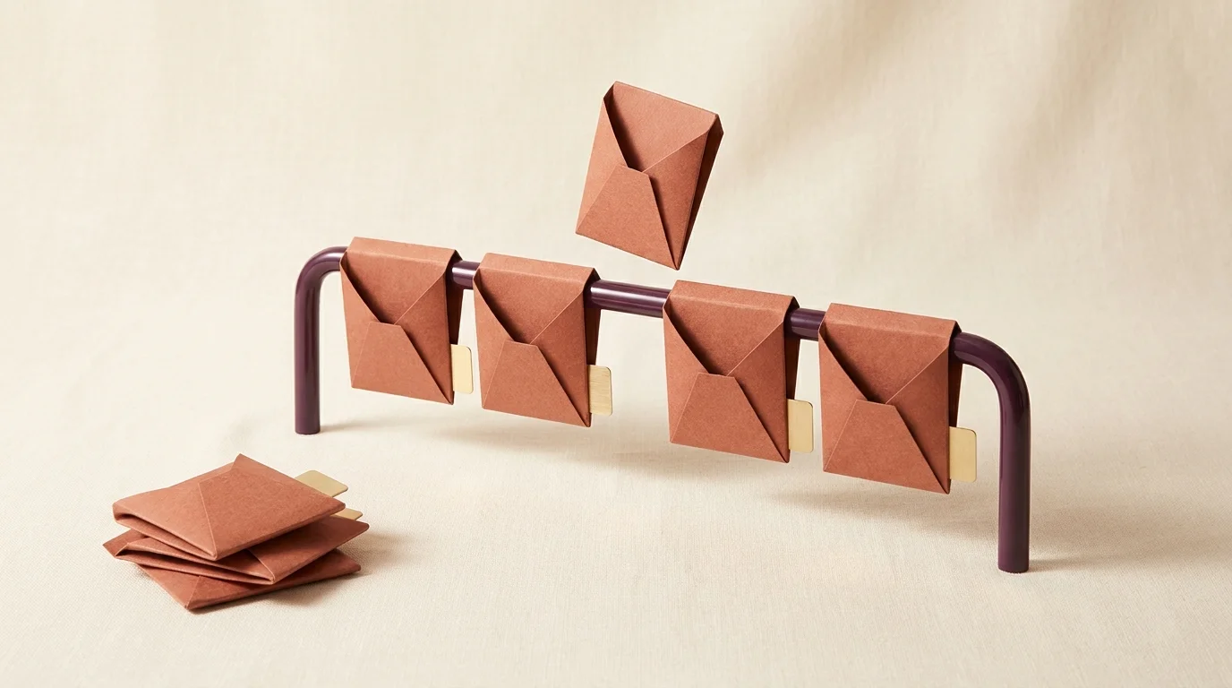 Individual seat tiles sit along a rail with an open place for another member