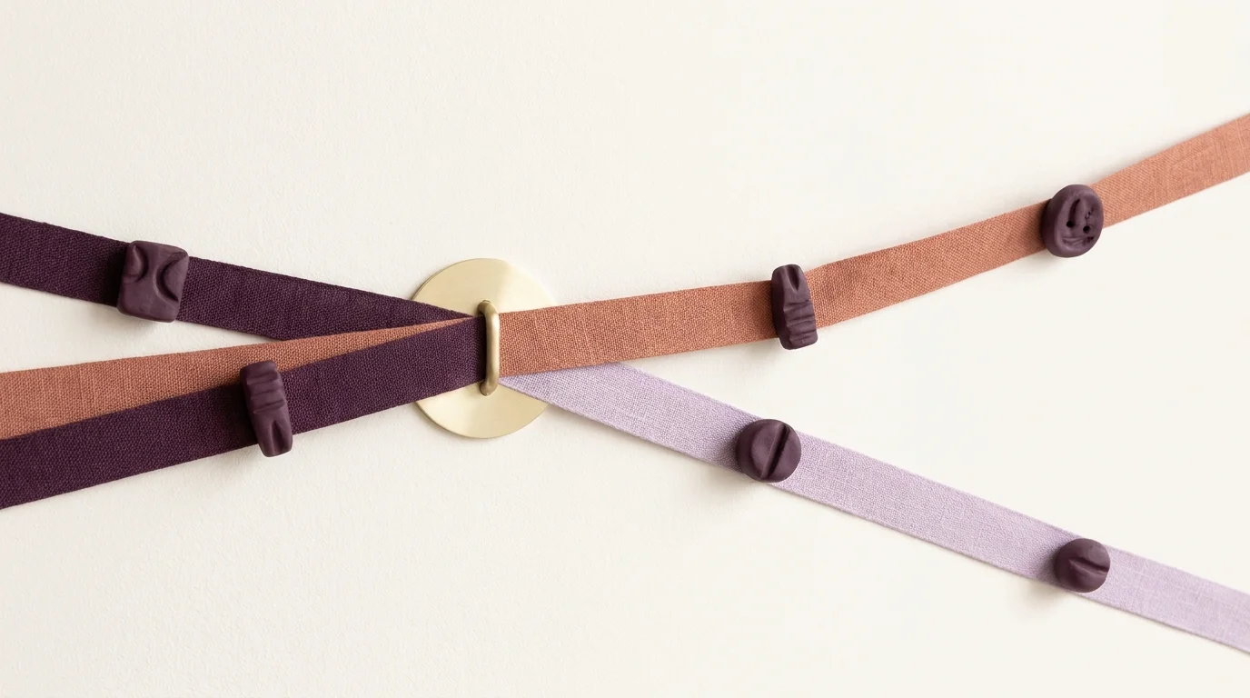 Overlapping and sequential fabric ribbons pass through a shared brass ring